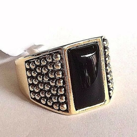 Gold Black Onyx Stone Ring Size 10 11 12 13 Mens Womens Unisex Statement - Picture 2 of 9